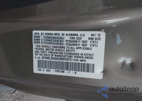 2012 Honda Odyssey Exl from USA, damaged, VIN 5FNRL5H64CB091073